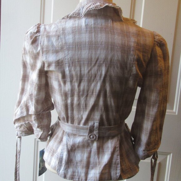 NWT Tan and White Plaid Ruffled Peplum Belted Jacket by Jolt Size M - Picture 11 of 15